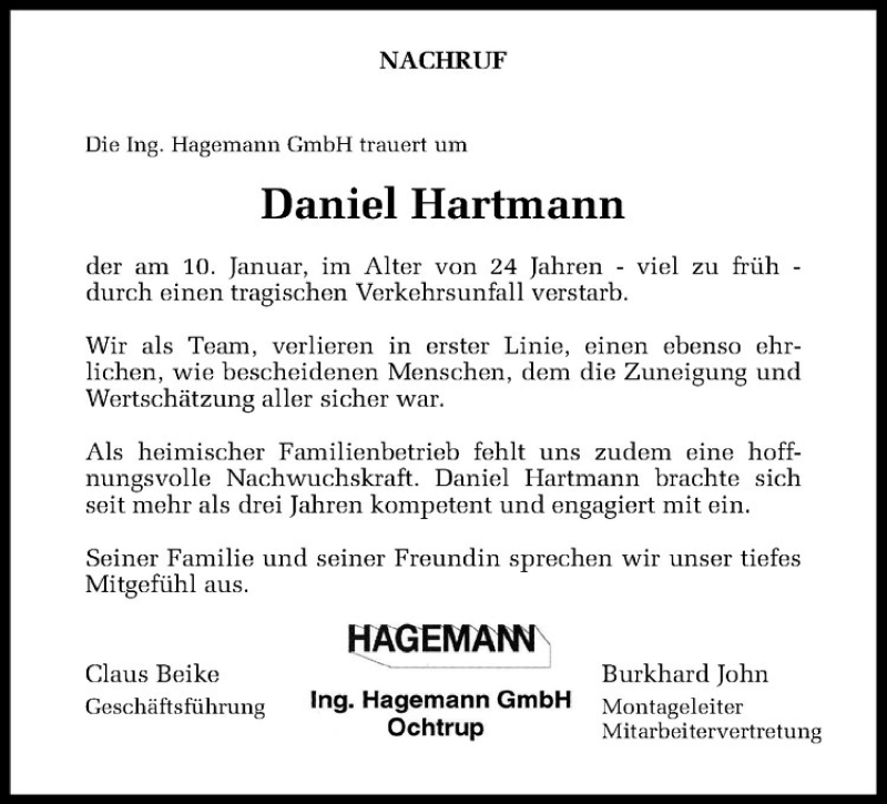  Traueranzeige für Daniel Hartmann vom 16.01.2014 aus Westfälische Nachrichten