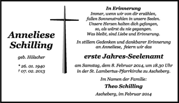 Anzeige von Anneliese Schilling von Westfälische Nachrichten