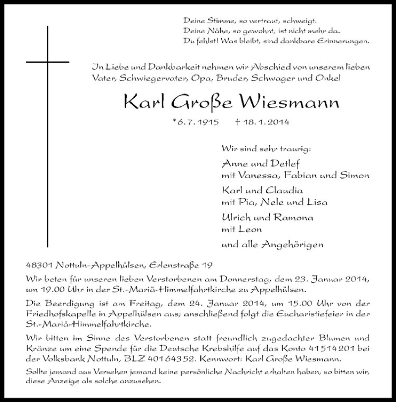  Traueranzeige für Karl Große Wiesmann vom 21.01.2014 aus Westfälische Nachrichten