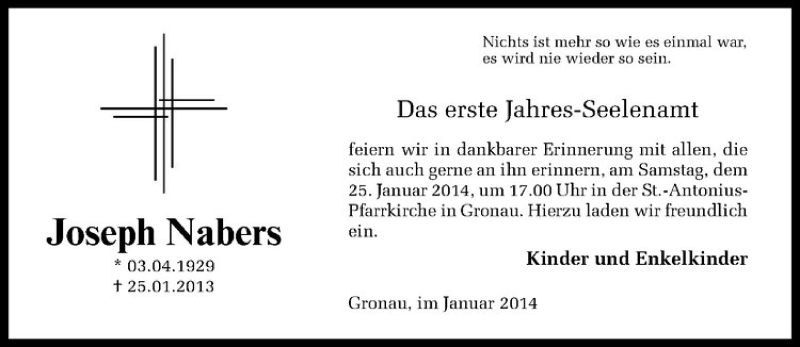  Traueranzeige für Joseph Nabers vom 22.01.2014 aus Westfälische Nachrichten