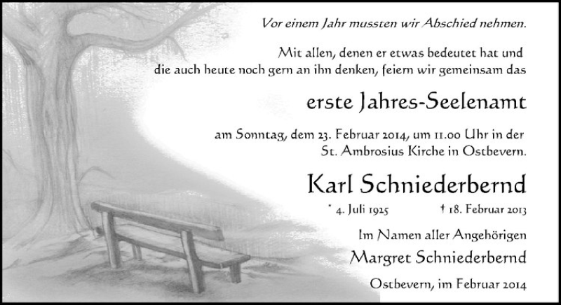  Traueranzeige für Karl Schniederbernd vom 19.02.2014 aus Westfälische Nachrichten