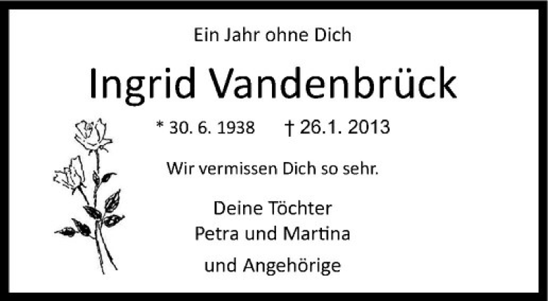  Traueranzeige für Ingrid Vandenbrück vom 25.01.2014 aus Westfälische Nachrichten