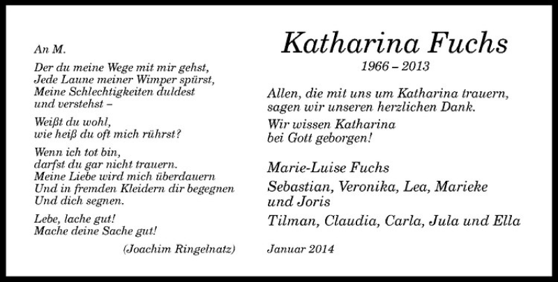  Traueranzeige für Katharina Fuchs vom 25.01.2014 aus Westfälische Nachrichten