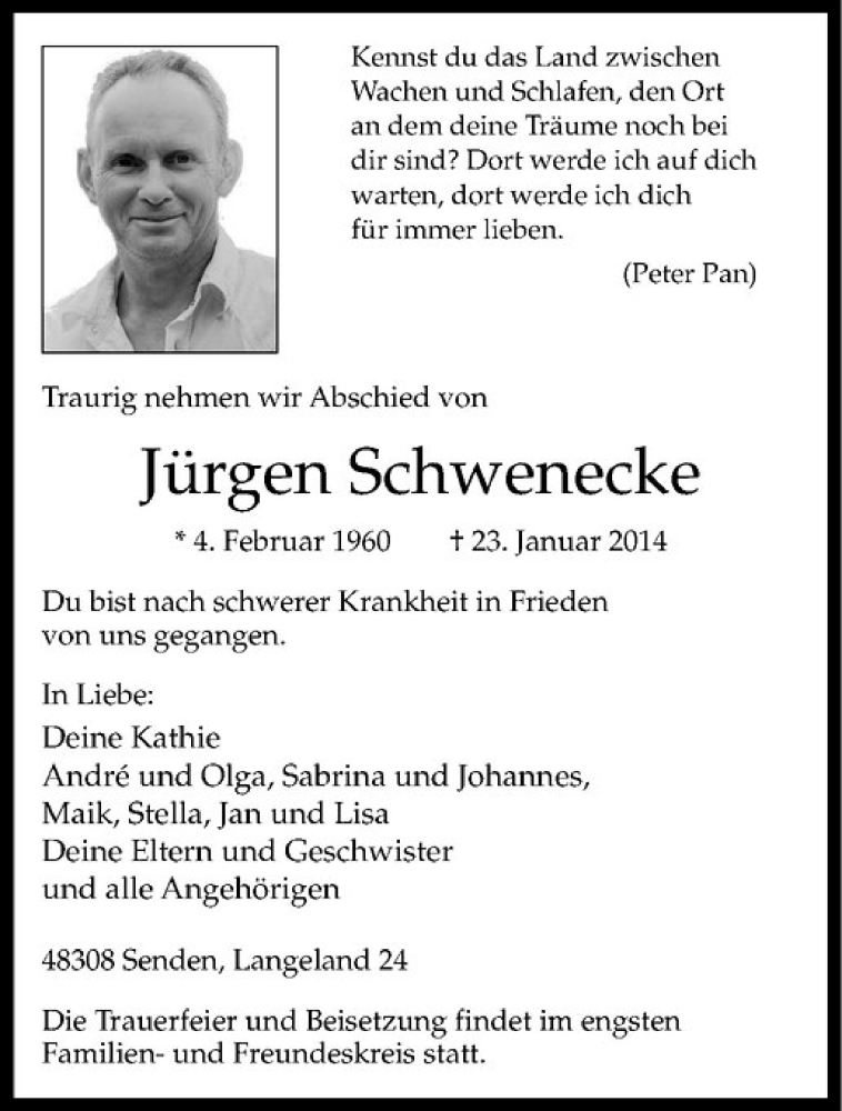  Traueranzeige für Jürgen Schwenecke vom 25.01.2014 aus Westfälische Nachrichten