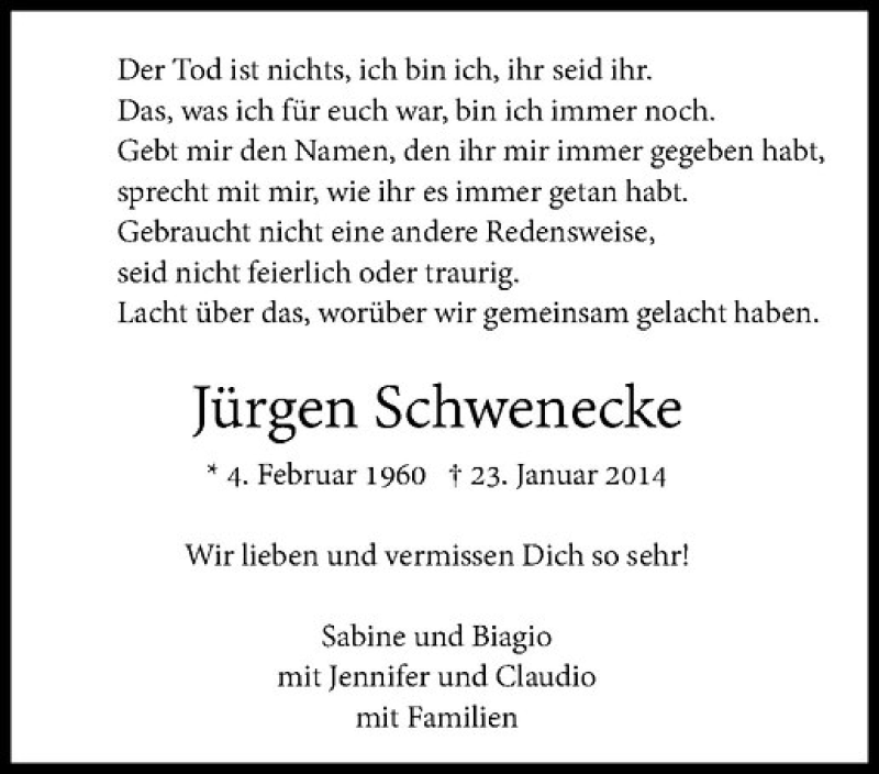  Traueranzeige für Jürgen Schwenecke vom 25.01.2014 aus Westfälische Nachrichten
