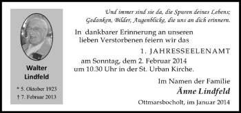 Anzeige von Walter Lindfeld von Westfälische Nachrichten