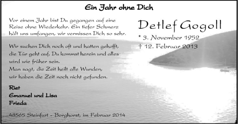  Traueranzeige für Detlef Gogoll vom 12.02.2014 aus Westfälische Nachrichten