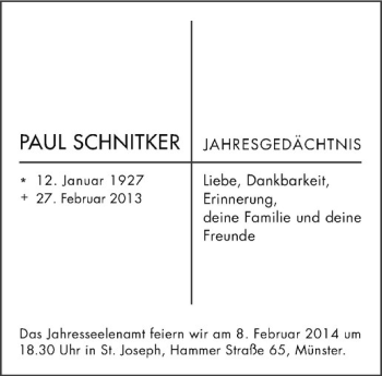 Anzeige von Paul Schnitker von Westfälische Nachrichten
