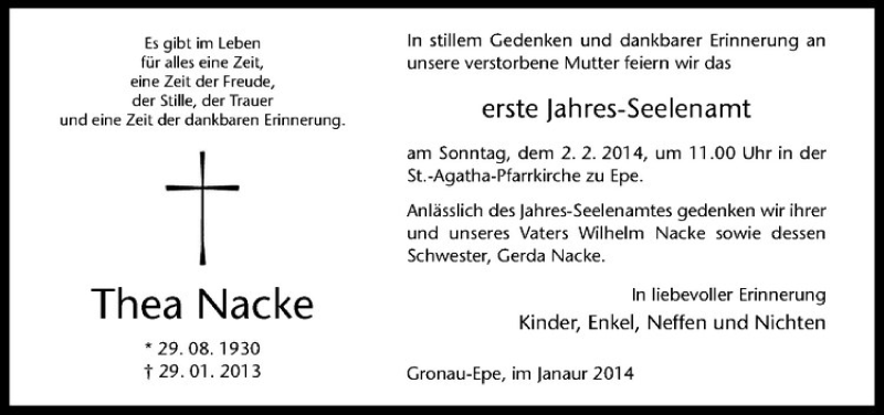  Traueranzeige für Thea Nacke vom 31.01.2014 aus Westfälische Nachrichten