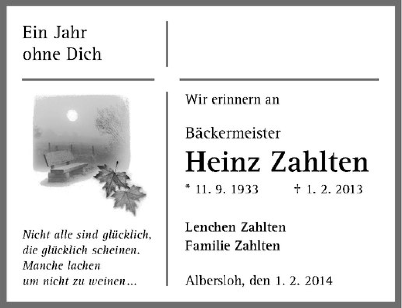  Traueranzeige für Heinz Zahlten vom 01.02.2014 aus Westfälische Nachrichten