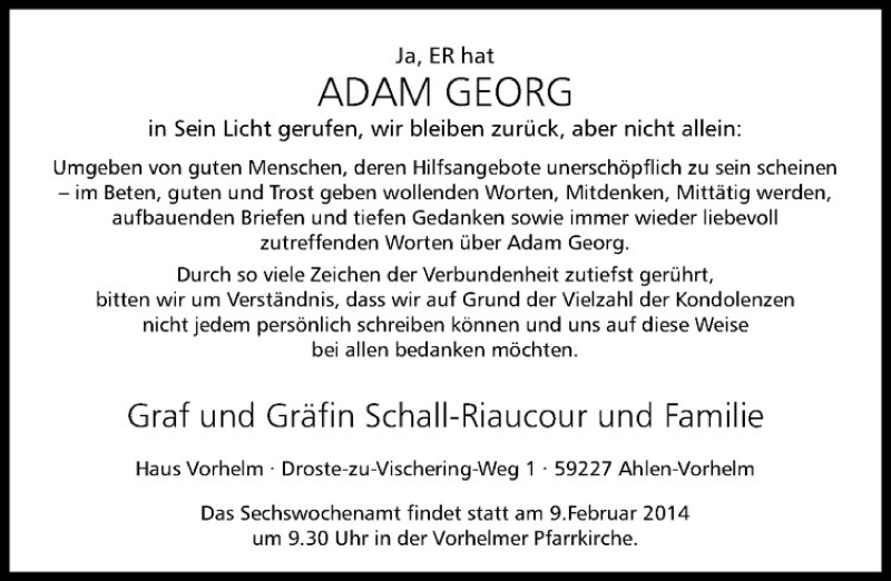  Traueranzeige für Adam Georg Reichsgraf von Schall-Riaucour vom 01.02.2014 aus Westfälische Nachrichten