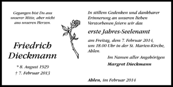 Anzeige von Friedrich Dieckmann von Westfälische Nachrichten