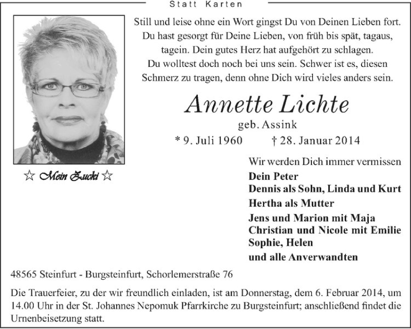  Traueranzeige für Annette Lichte vom 03.02.2014 aus Westfälische Nachrichten