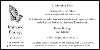 Anzeige von Irmtraud Burlage von Westfälische Nachrichten