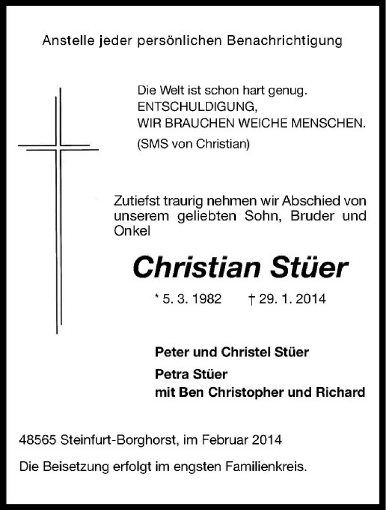  Traueranzeige für Christian Stüer vom 01.02.2014 aus Westfälische Nachrichten