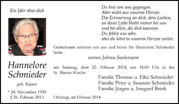 Anzeige von Hannelore Schmieder von Westfälische Nachrichten