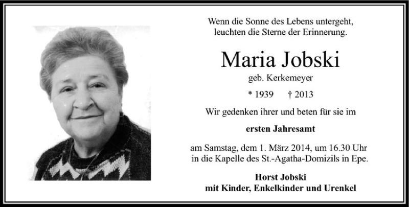  Traueranzeige für Maria Jobski vom 22.02.2014 aus Westfälische Nachrichten