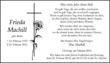 Anzeige von Frieda Machill von Westfälische Nachrichten