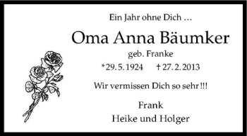 Anzeige von Anna Bäumker von Westfälische Nachrichten
