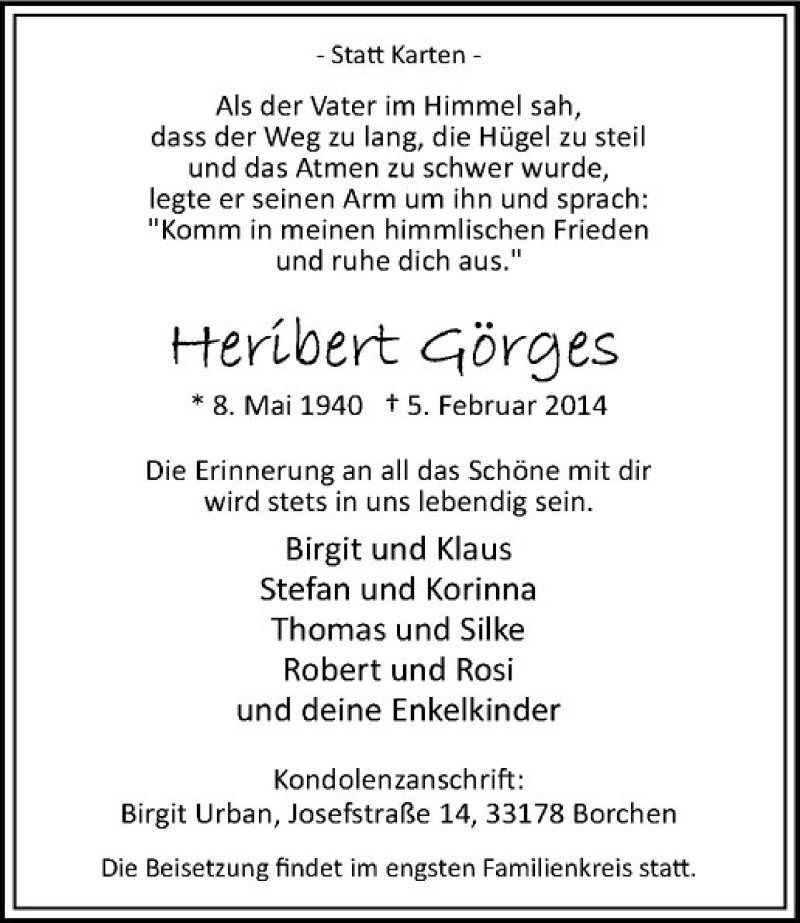  Traueranzeige für Heribert Görges vom 08.02.2014 aus Westfälische Nachrichten