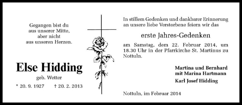  Traueranzeige für Else Hidding vom 15.02.2014 aus Westfälische Nachrichten