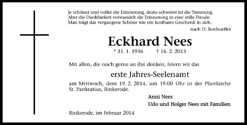  Traueranzeige für Eckhard Nees vom 15.02.2014 aus Westfälische Nachrichten