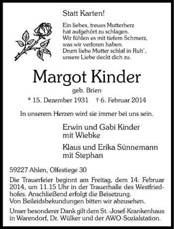 Anzeige von Margot Kinder von Westfälische Nachrichten