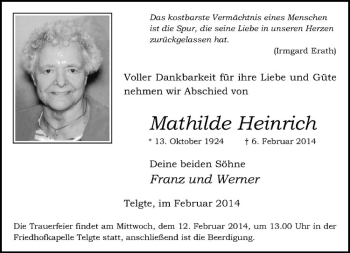 Anzeige von Mathilde Heinrich von Westfälische Nachrichten