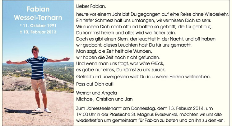  Traueranzeige für Fabian Wessel-Terharn vom 10.02.2014 aus Westfälische Nachrichten