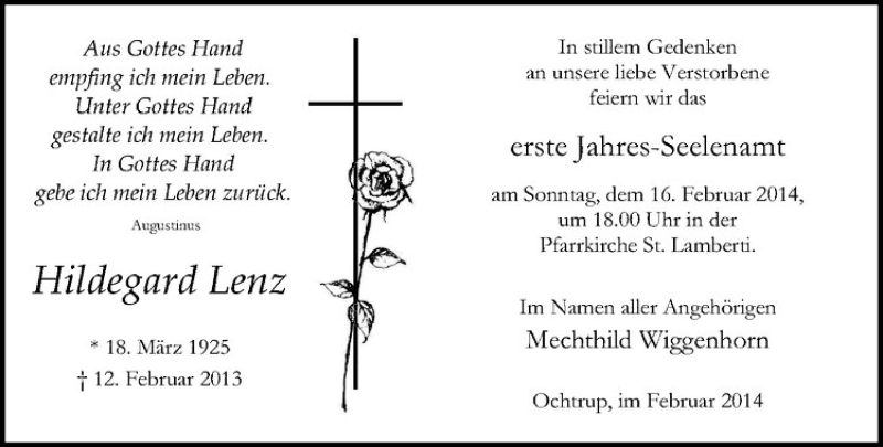  Traueranzeige für Hildegard Lenz vom 12.02.2014 aus Westfälische Nachrichten