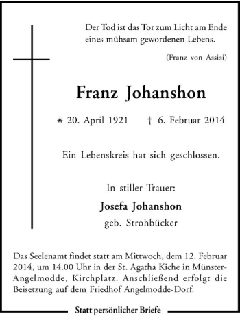 Anzeige von Franz Johanshon von Westfälische Nachrichten