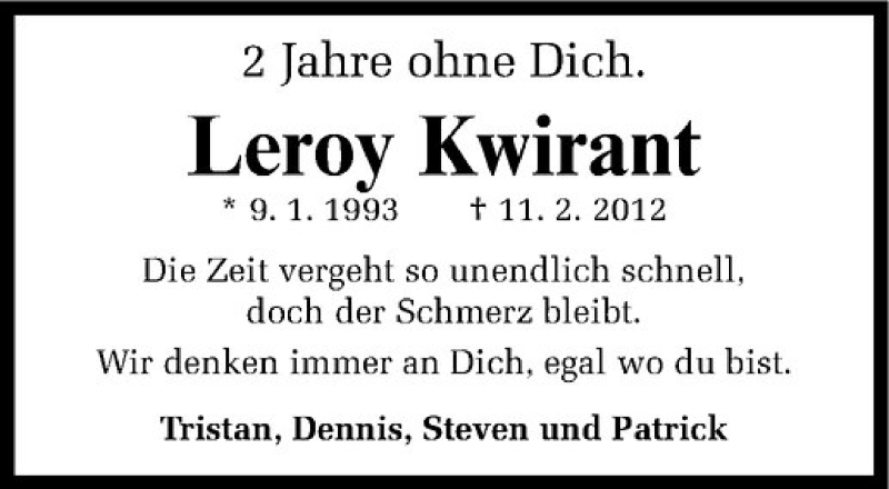  Traueranzeige für Leroy Kwirant vom 11.02.2014 aus Westfälische Nachrichten