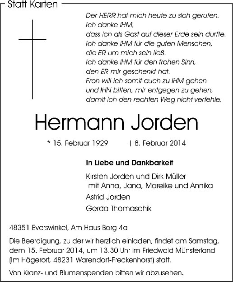  Traueranzeige für Hermann Jorden vom 11.02.2014 aus Westfälische Nachrichten