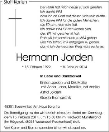 Anzeige von Hermann Jorden von Westfälische Nachrichten