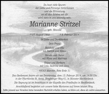 Anzeige von Marianne Stritzel von Westfälische Nachrichten