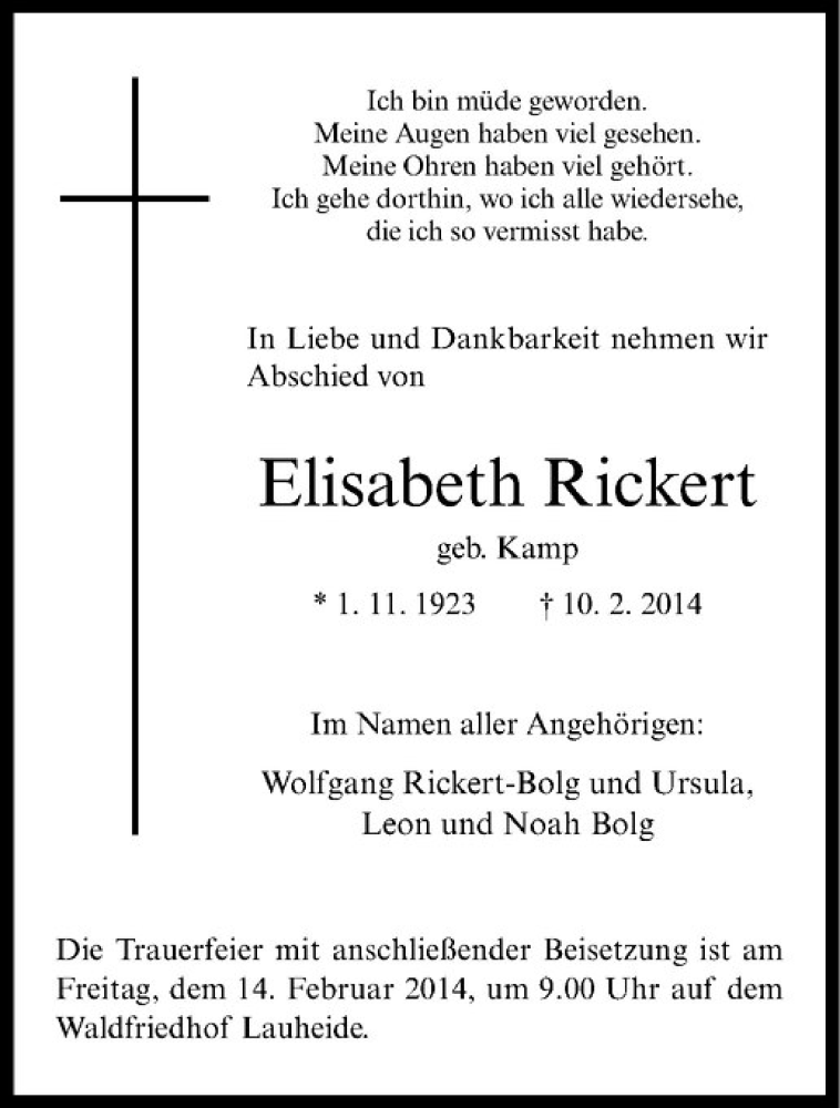  Traueranzeige für Elisabeth Rickert vom 11.02.2014 aus Westfälische Nachrichten