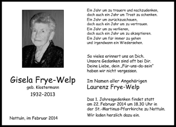 Anzeige von Gisela Frye-Welp von Westfälische Nachrichten
