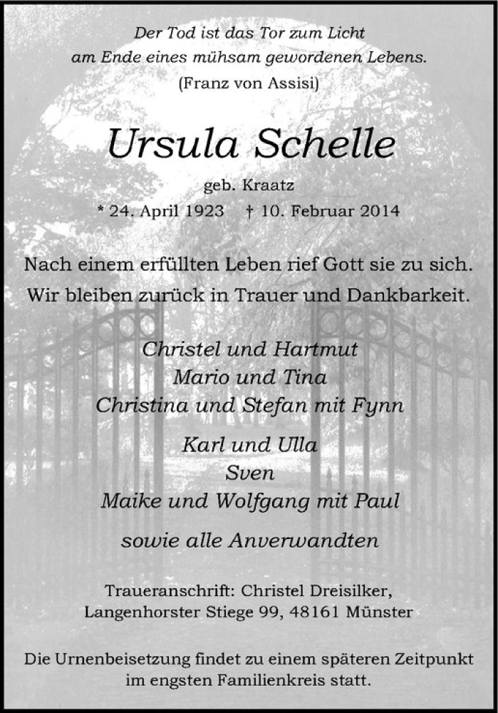  Traueranzeige für Ursula Schelle vom 15.02.2014 aus Westfälische Nachrichten