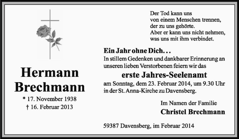  Traueranzeige für Hermann Brechmann vom 15.02.2014 aus Westfälische Nachrichten