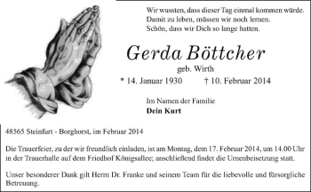 Anzeige von Gerda Böttcher von Westfälische Nachrichten