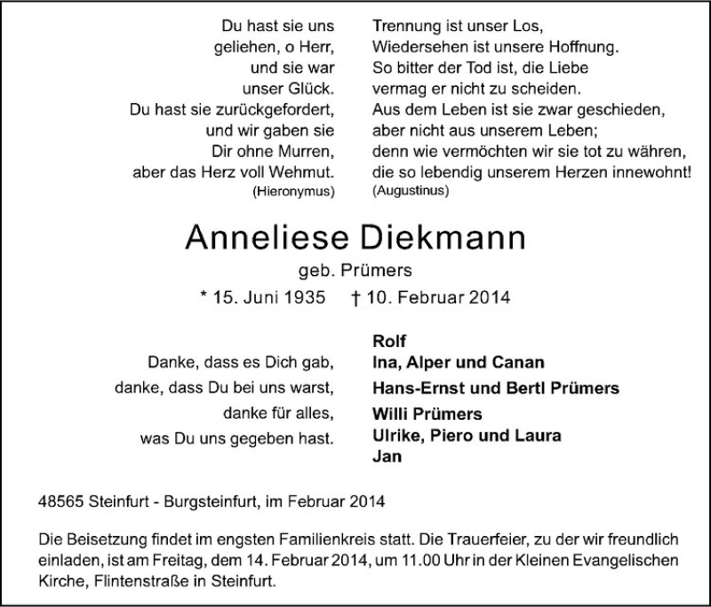  Traueranzeige für Anneliese Diekmann vom 12.02.2014 aus Westfälische Nachrichten