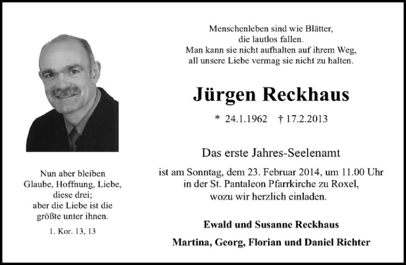  Traueranzeige für Jürgen Reckhaus vom 15.02.2014 aus Westfälische Nachrichten