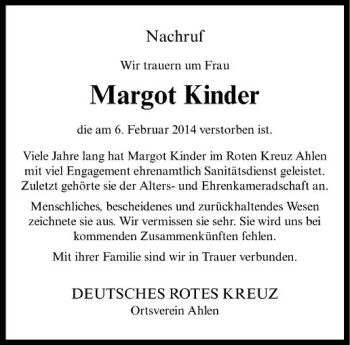 Anzeige von Margot Kinder von Westfälische Nachrichten