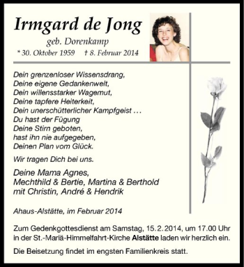 Anzeige von Irmgard de Jong von Westfälische Nachrichten