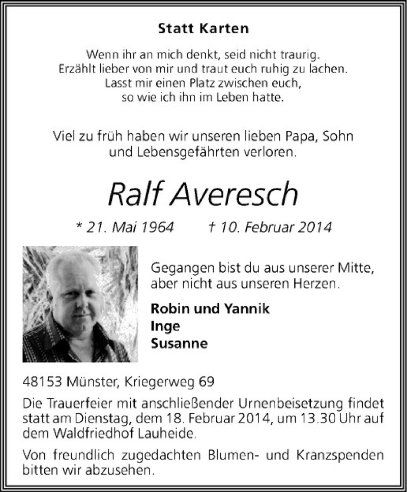  Traueranzeige für Ralf Averesch vom 15.02.2014 aus Westfälische Nachrichten