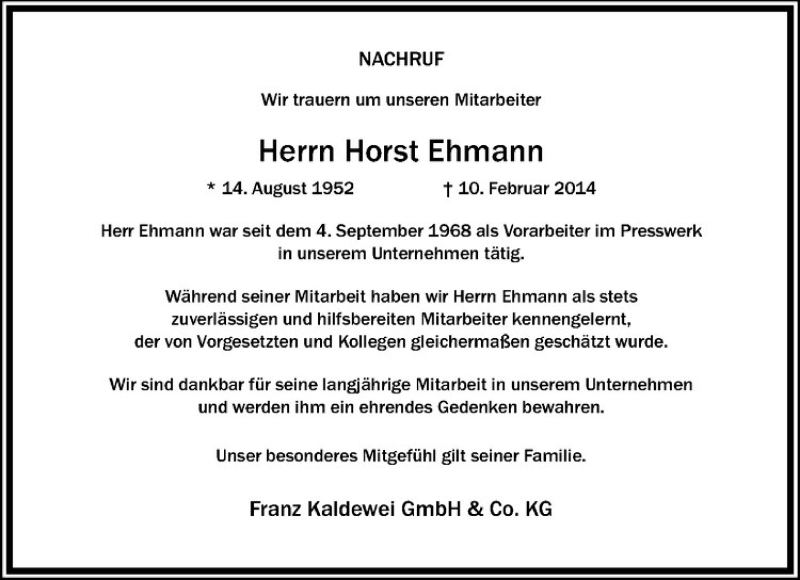  Traueranzeige für Horst Ehmann vom 15.02.2014 aus Westfälische Nachrichten