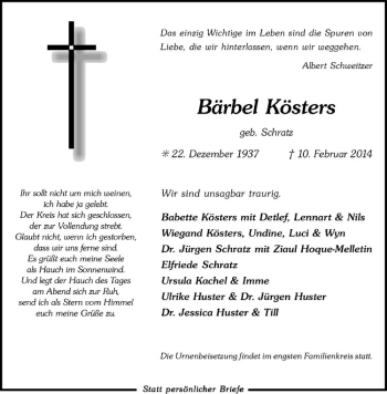 Anzeige von Bärbel Kösters von Westfälische Nachrichten