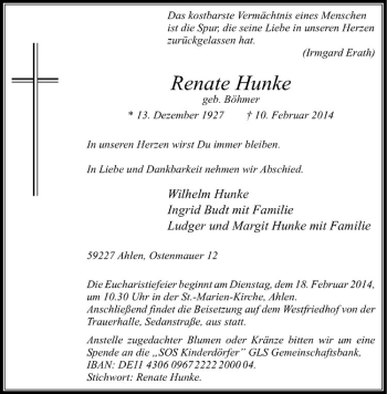 Anzeige von Renate Hunke von Westfälische Nachrichten
