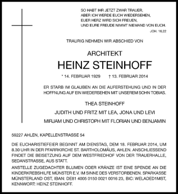 Anzeige von Heinz Steinhoff von Westfälische Nachrichten