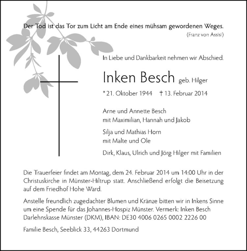  Traueranzeige für Inken Besch vom 15.02.2014 aus Westfälische Nachrichten